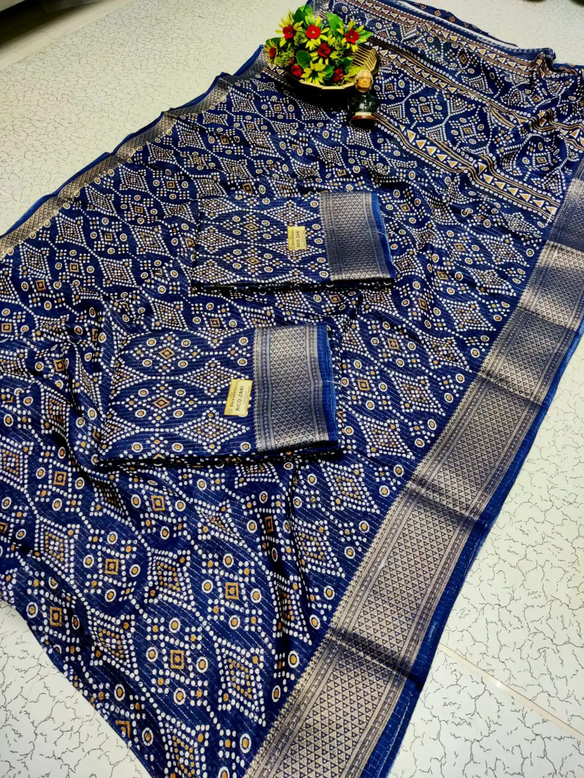 Navy Blue Bandhani Print with Muted Gold and Silver Zari Semi Silk Saree